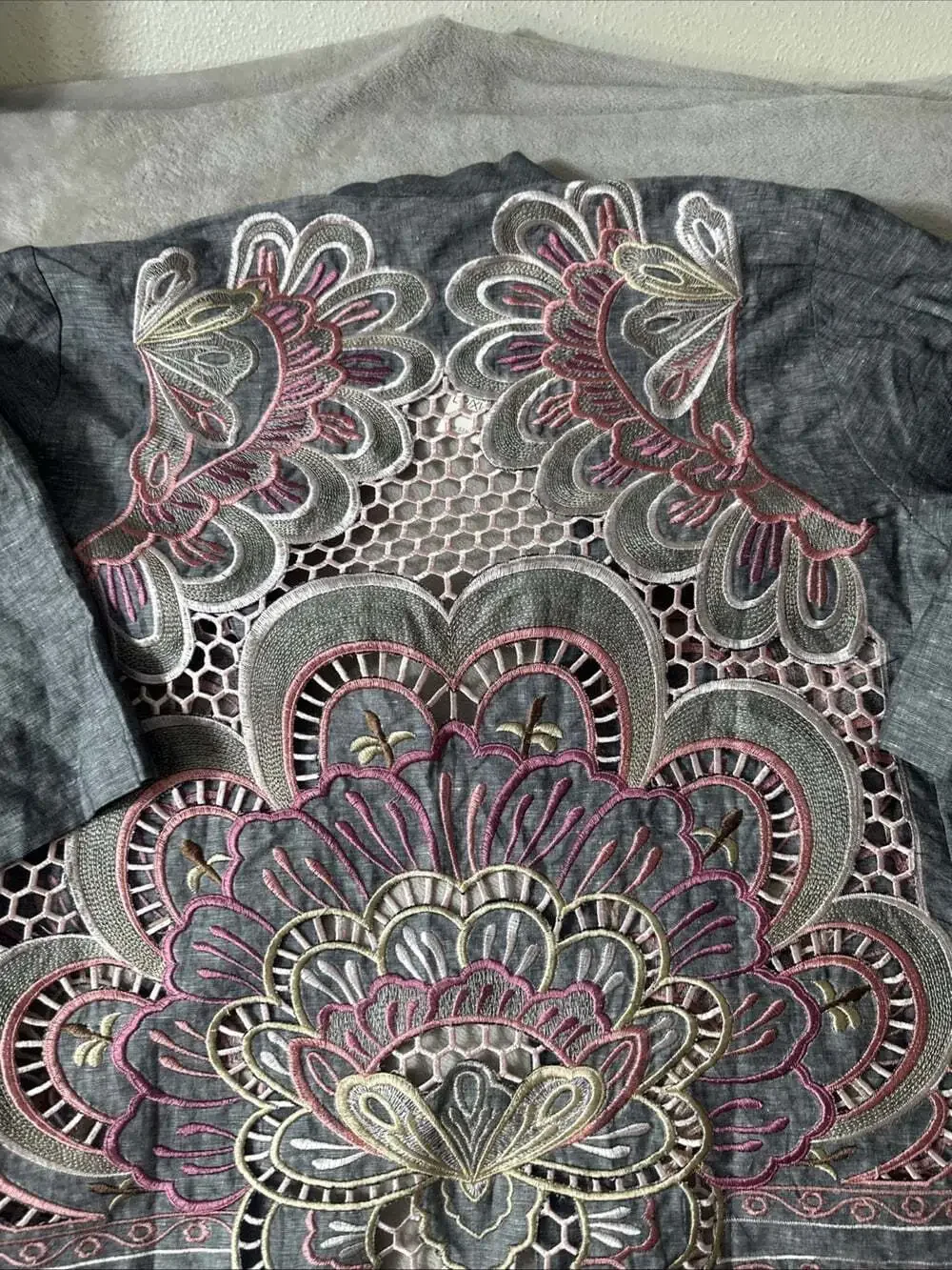 Chico’s Novelty Kimono L/XL Petite Linen Blend Scallop Embroidered Jacket NWT
